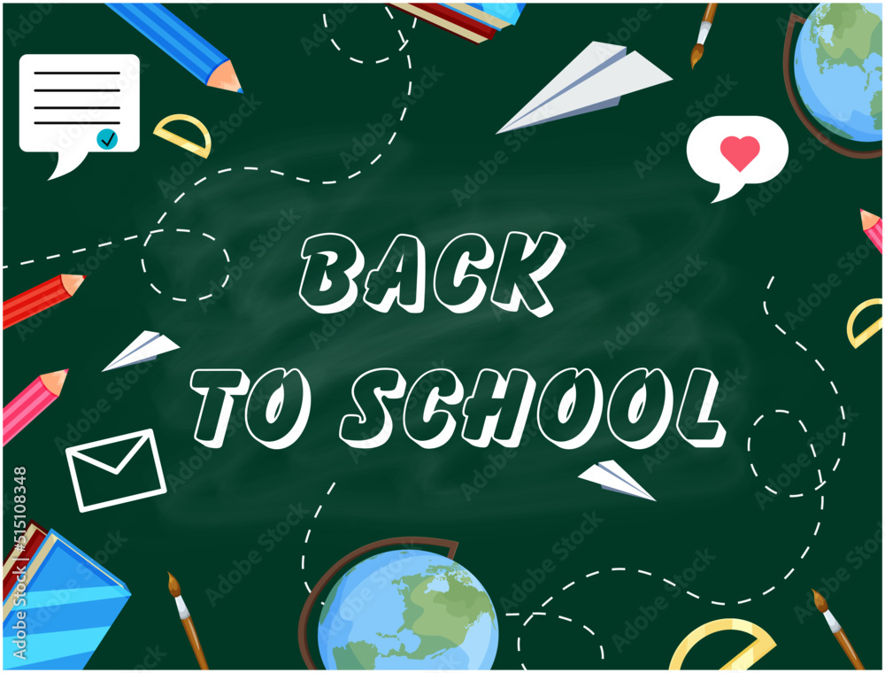 Board school green. back to school. Vector stock illustration. School subjects for study. Cartoon Board school green. back to school. Vector stock illustration. School subjects for study. Cartoon