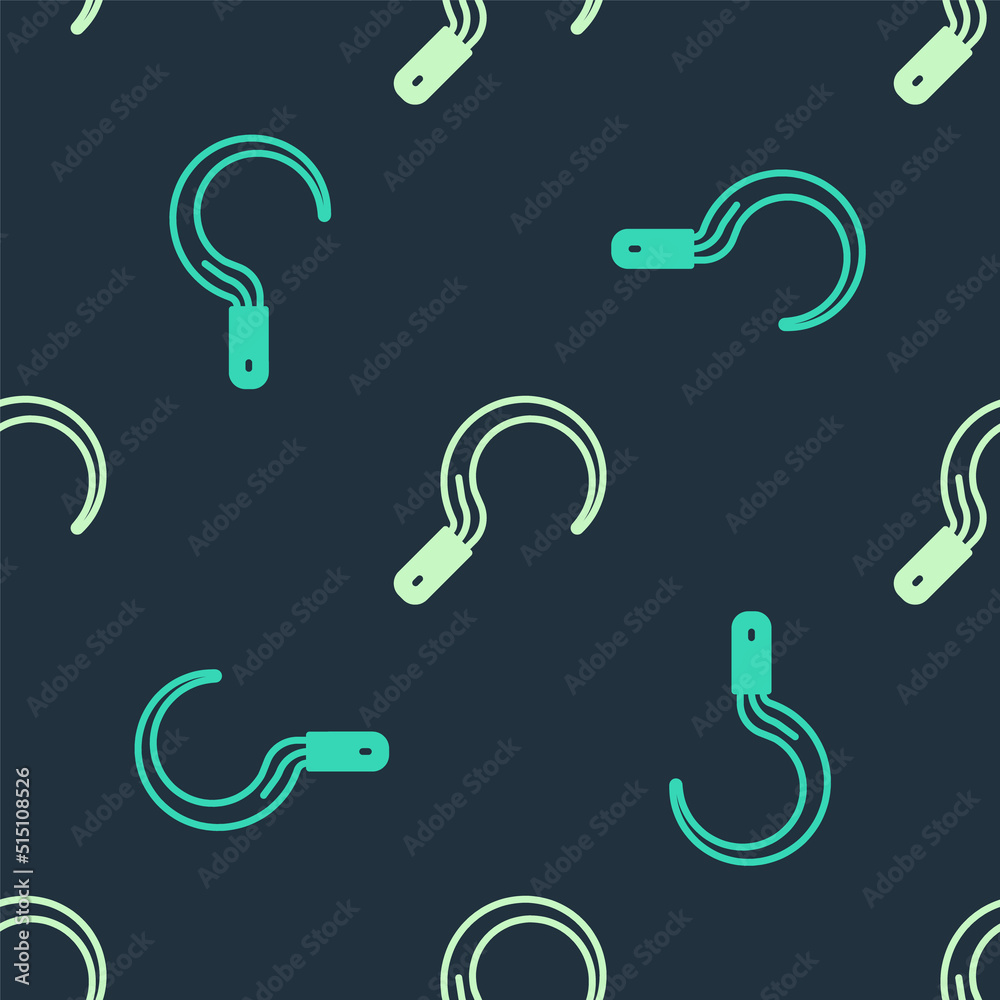 Fototapeta premium Green and beige Sickle icon isolated seamless pattern on blue background. Reaping hook sign. Vector