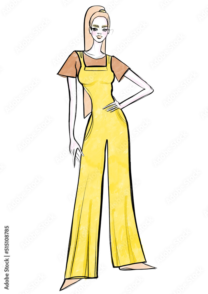 color illustration fashion image autumn jumpsuit with t-shirt sporty daily style woman full length on white background color illustration fashion image autumn jumpsuit with t-shirt sporty daily style woman full length on white background