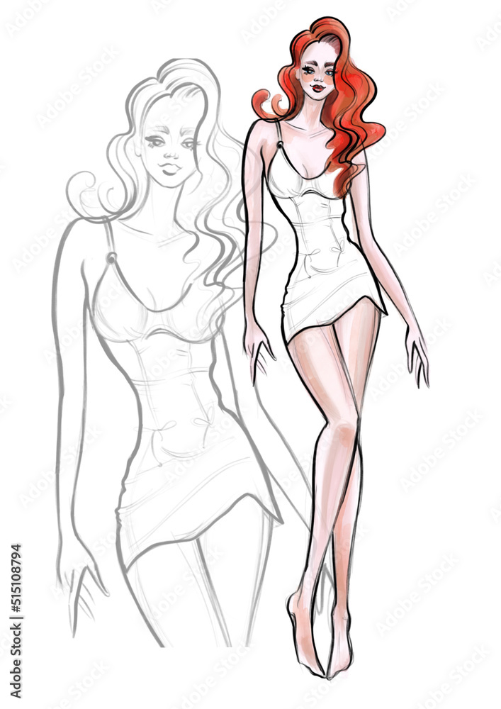 color illustration of lingerie ideas full length woman in peignoir with red long hair gentle trend image color illustration of lingerie ideas full length woman in peignoir with red long hair gentle trend image