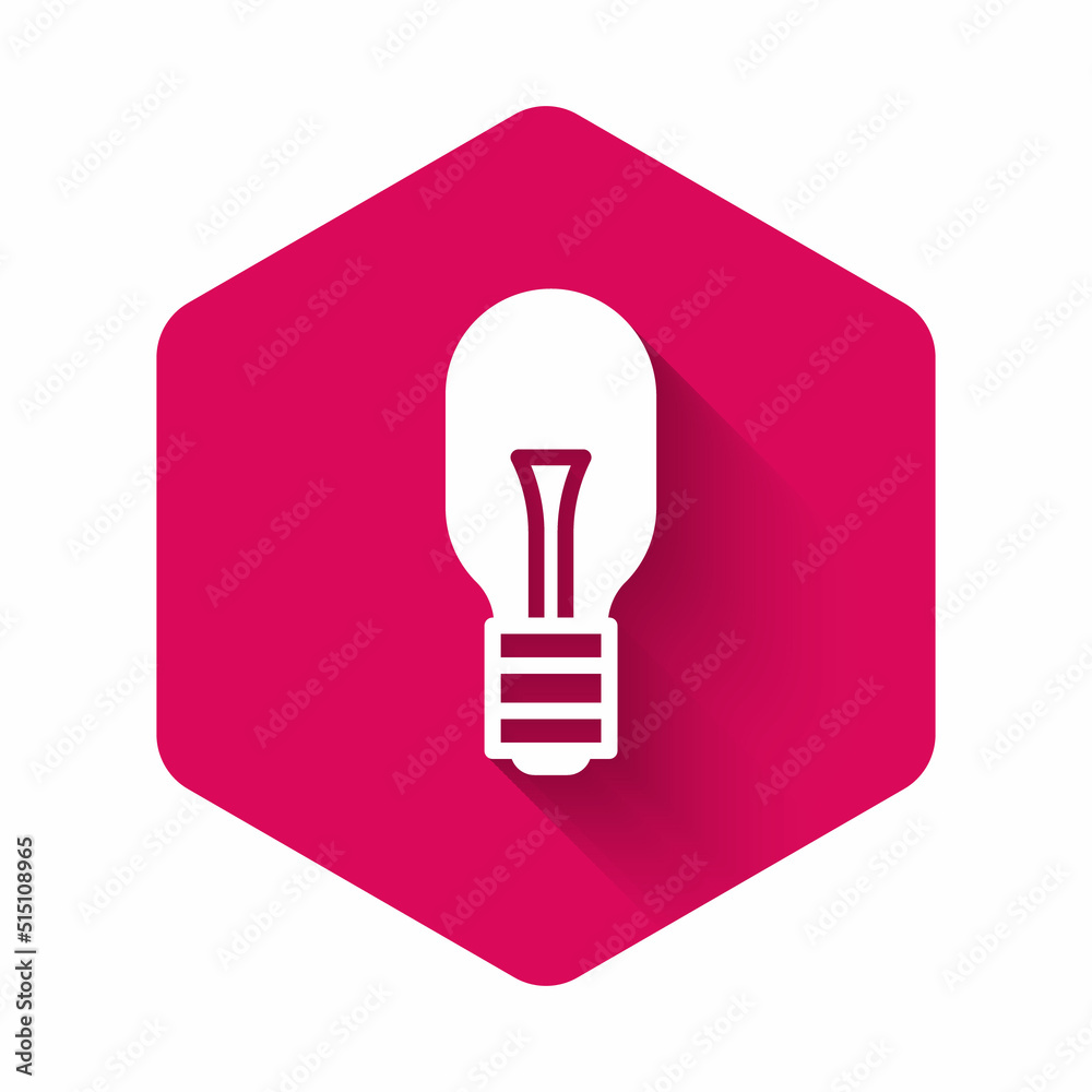 White Light bulb with concept of idea icon isolated with long shadow background. Energy and idea symbol. Inspiration concept. Pink hexagon button. Vector