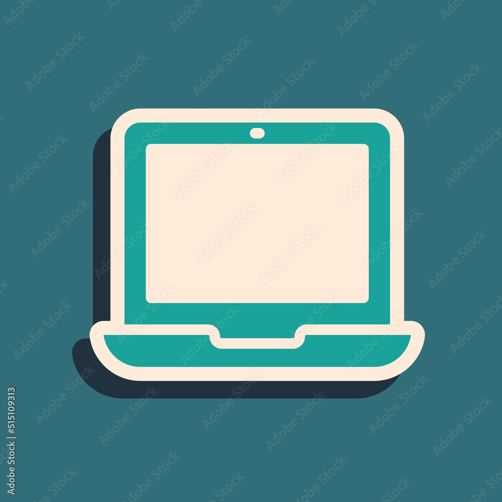 Green Laptop icon isolated on green background. Computer notebook with empty screen sign. Long shadow style. Vector Green Laptop icon isolated on green background. Computer notebook with empty screen sign. Long shadow style. Vector
