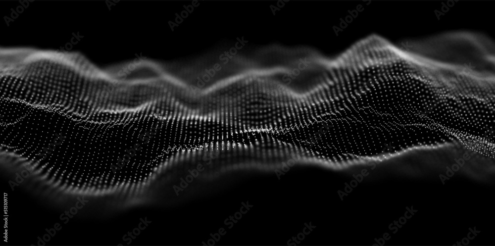 Abstract landing page background with white particles. Flow wave with dot landscape. Digital data structure. Future mesh or sound grid. Pattern point visualization. Technology vector illustration. - obrazy, fototapety, plakaty 