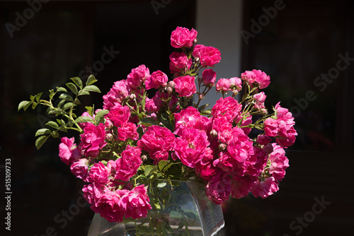 glass vase with dark pink roses
