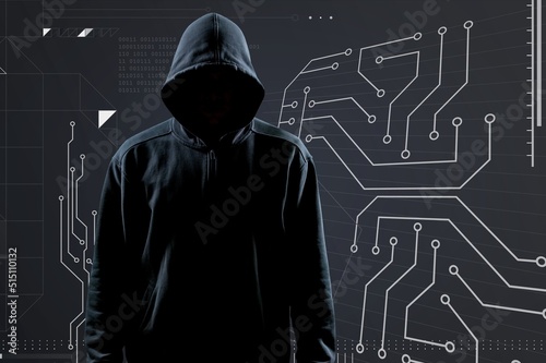 Hacker over Abstract Digital Background with Elements of Computer Programs. Concept of Data thief, internet fraud, darknet and cyber security. photo