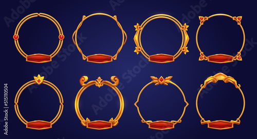 Golden vintage game frames, ui medieval round borders of gold metal with gems and red buttons. Cartoon empty metallic bordering with gemstone, isolated design gui elements, Vector illustration set
