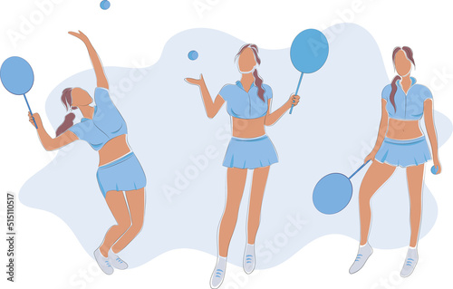 Tennis training vector illustration set. Women in sportswear play tennis. Tennis players are preparing to hit the ball with a racket. Poses in tennis.
