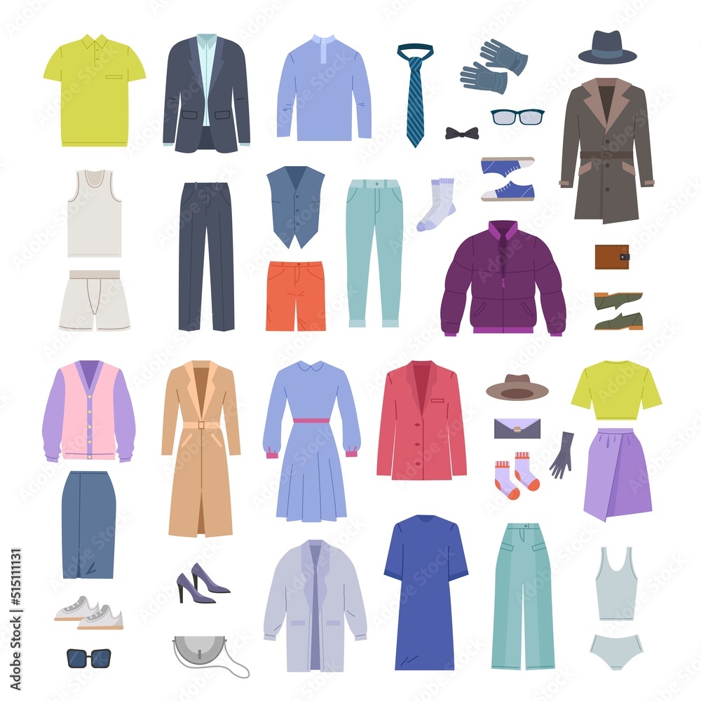 casual clothes. fashioned modern seasonal collection outfit male and female dress jacket shirt pants. Vector pictures isolated casual clothes. fashioned modern seasonal collection outfit male and female dress jacket shirt pants. Vector pictures isolated