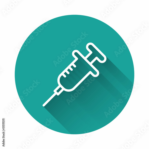 White line Syringe icon isolated with long shadow. Syringe for vaccine, vaccination, injection, flu shot. Medical equipment. Green circle button. Vector