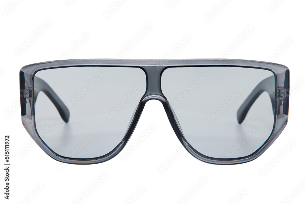 Big frame Sunglasses grey shades with Grey transparent frame isolated on white background front view