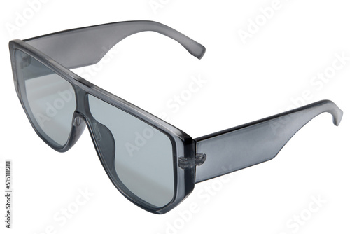 Big frame Sunglasses grey shades with Grey transparent frame isolated on white background top front view