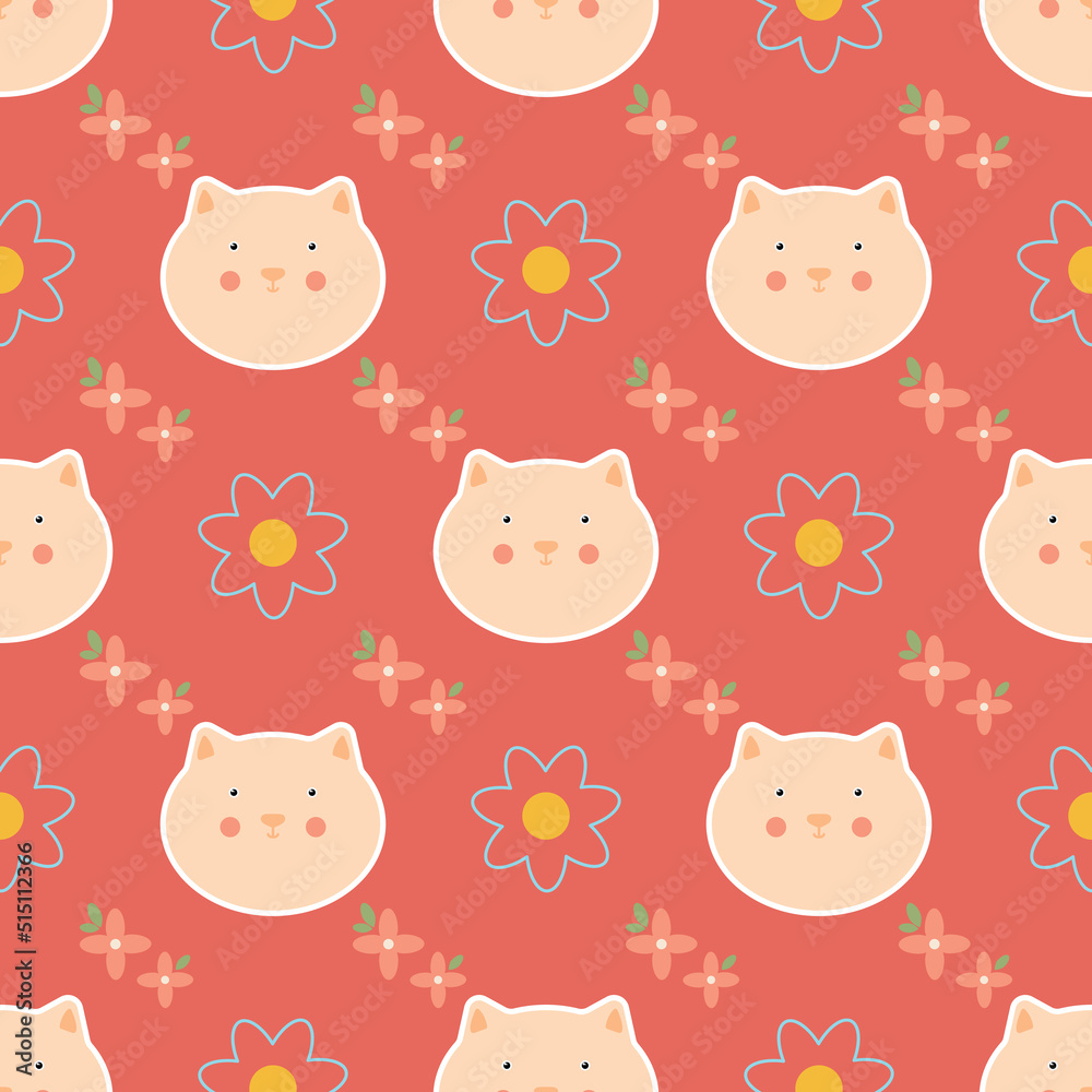 Cute Cat with Flowers Seamless Pattern for Textile.