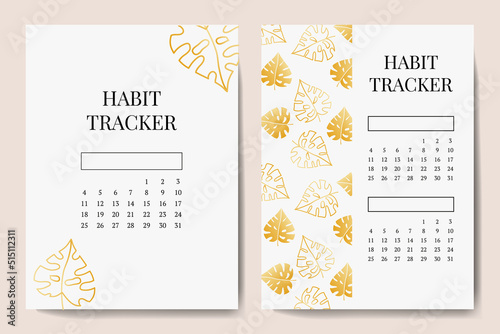 Vector template for tracking printing habits. A4 notebook page. with golden leaves of monstera. Vector illustration design