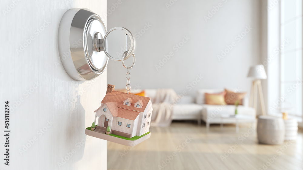 House key and house model in house door with living room background.Concept for real estate,property,agent.3d rendering