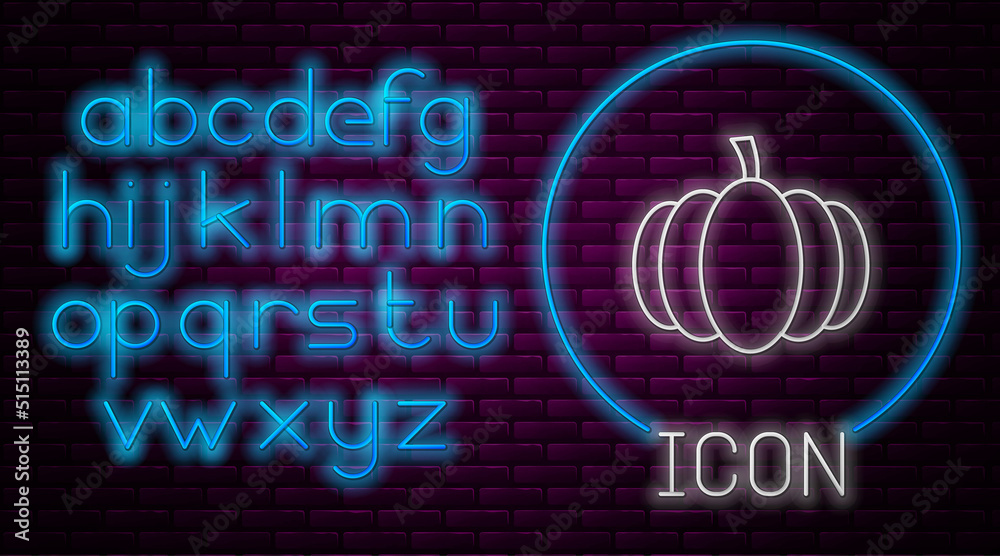 Glowing neon line Pumpkin icon isolated on brick wall background. Happy Halloween party. Neon light alphabet. Vector
