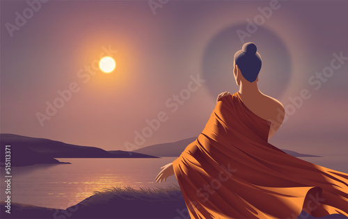the lord buddha standing at a cliff during sunset