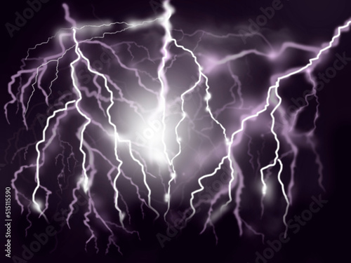 Flash of lightning, electrical discharges on a dark background. Thunderstorm