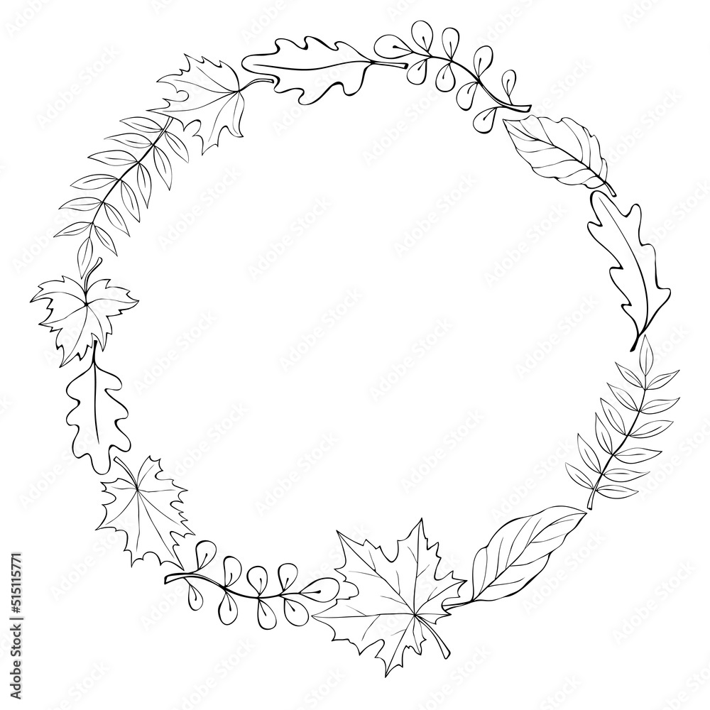 Wreath of autumn leaves. Doodle contour illustration. Round frame. Black outline on a white background. Wreath of autumn leaves. Doodle contour illustration. Round frame. Black outline on a white background.