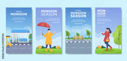 Monsoon Season Social Media Stories Template Flat Cartoon Background Vector Illustration