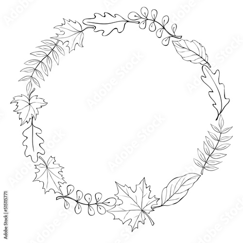 Wreath of autumn leaves. Doodle contour illustration. Round frame. Black outline on a white background.