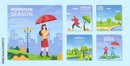 Monsoon Season Social Media Post Template Flat Cartoon Background Vector Illustration