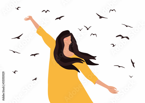 A Woman, Opening Her Arms as if for a Flight, Against the Background of a Flock of Flying Birds. Vector Illustration.