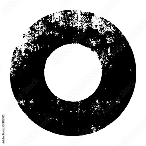 Donut, circle shape, moody, grunge, grain, distressed texture. Black round design element, transparent backdrop. Graphic resource for overlay, montage, brush. Abstract vector illustration.