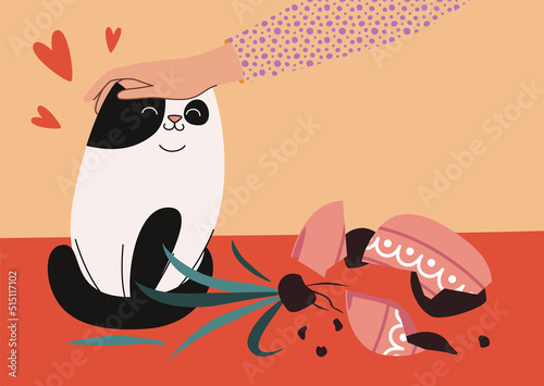 Loving Domestic Pets and Cat Person Concept. The Cute Cartoon Cat Sitting near the Broken Flower Pot, and Owner’s Hand Stroking Cat’s Head. Feeling Love Vector Illustration.