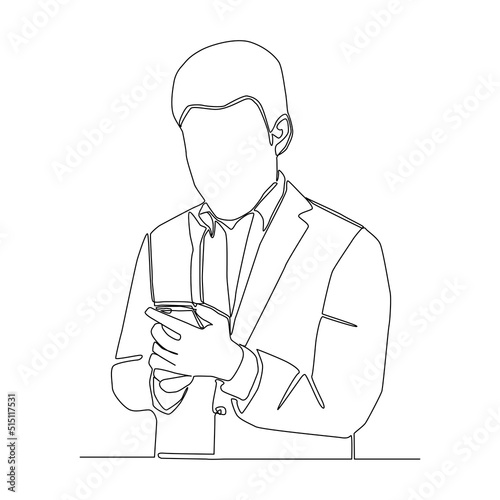 Continuous line of businessman hoding a mobile phone vector.