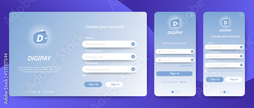 Set of Sign Up and Sign In forms. purple gradient. Mobile Registration and login forms page. Professional web design, full set of elements. User-friendly design materials.