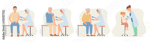 Nurses vaccinating people with vaccine injection for diseases and viruses prevention.