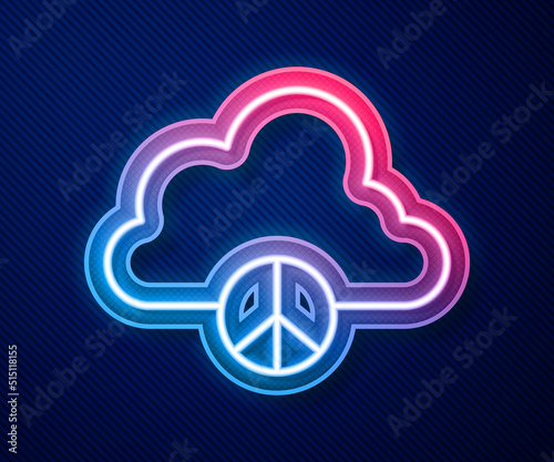 Glowing neon line Peace cloud icon isolated on blue background. Hippie symbol of peace. Vector