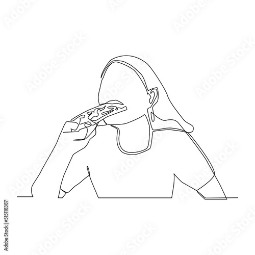 Continuous line of woman biting a piece of pizza vector.