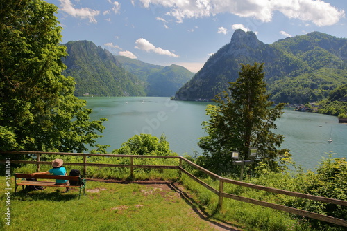 Green scenic view on lake Traunsee from Johannesberg Chapel in Traunkirchen, Salzkammergut, Styria, Austria, Europe
