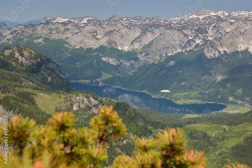 Fototapeta Naklejka Na Ścianę i Meble -  Panoramic view from mountain Lawinenstein in Tauplitz, Salzkammergut, Styria, Austria, Europe, with the Grundlsee lake