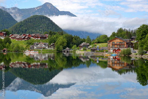Reflections on Grundlsee lake  Eastern part  and colorful scenery  Salzkammergut  Styria  Austria  Europe