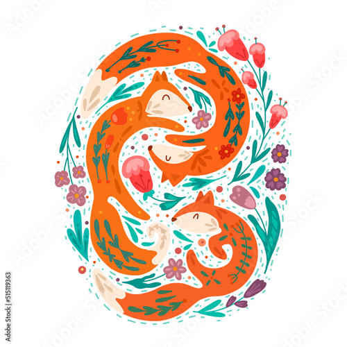 Vector illustration of family dancing foxes with folk art and flowers around. Love and family. Animals cliparts with floral decorations