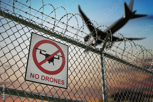 No drone zone sign warning about restricted no fly area near airport. 3D rendered illustration.