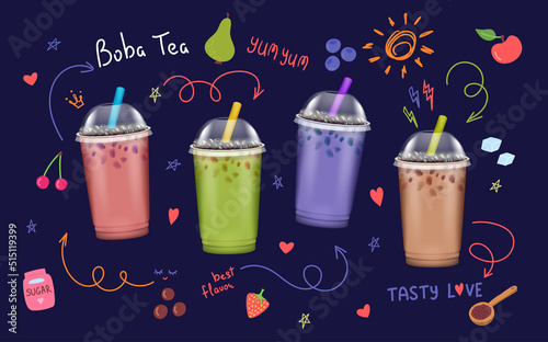 Realistic Detailed 3d Bubble Milk Tea Set Summer Asian Drink. Vector illustration of Boba Milk Tea