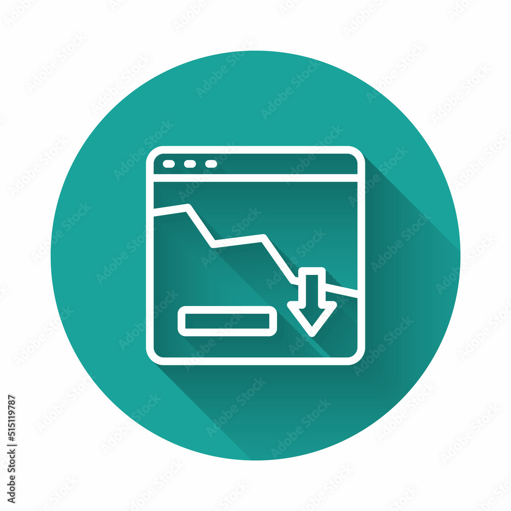 White line Financial growth decrease icon isolated with long shadow background. Increasing revenue. Green circle button. Vector White line Financial growth decrease icon isolated with long shadow background. Increasing revenue. Green circle button. Vector