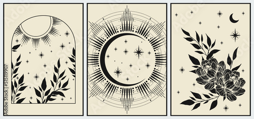 Set of esoteric alchemy mystical magic posters. Crescent, sun, stars, floral elements, sacred geometry. Spiritual talisman, occultism objects. Vector illustration, black colors