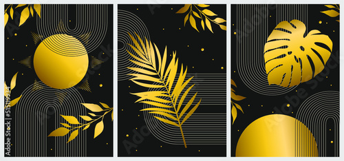 Botanical wall art vector set. Golden foliage line art drawing.  Abstract Plant Art design for wall framed prints, canvas prints, poster, home decor, cover, wallpaper.