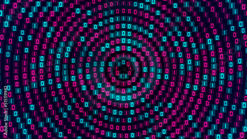 Abstract Digital Concentric Blue Red Shiny Matrix Square Binary Code Circles Disc Background