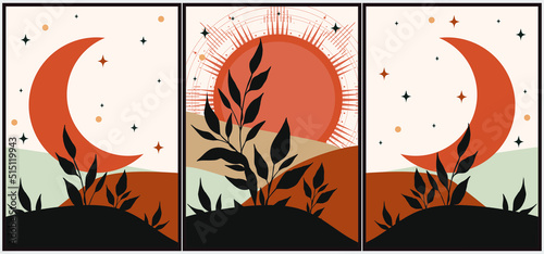 Set of esoteric alchemy mystical magic posters. Crescent, sun, stars, floral elements, sacred geometry. Spiritual talisman, occultism objects. Vector illustration, retro colors