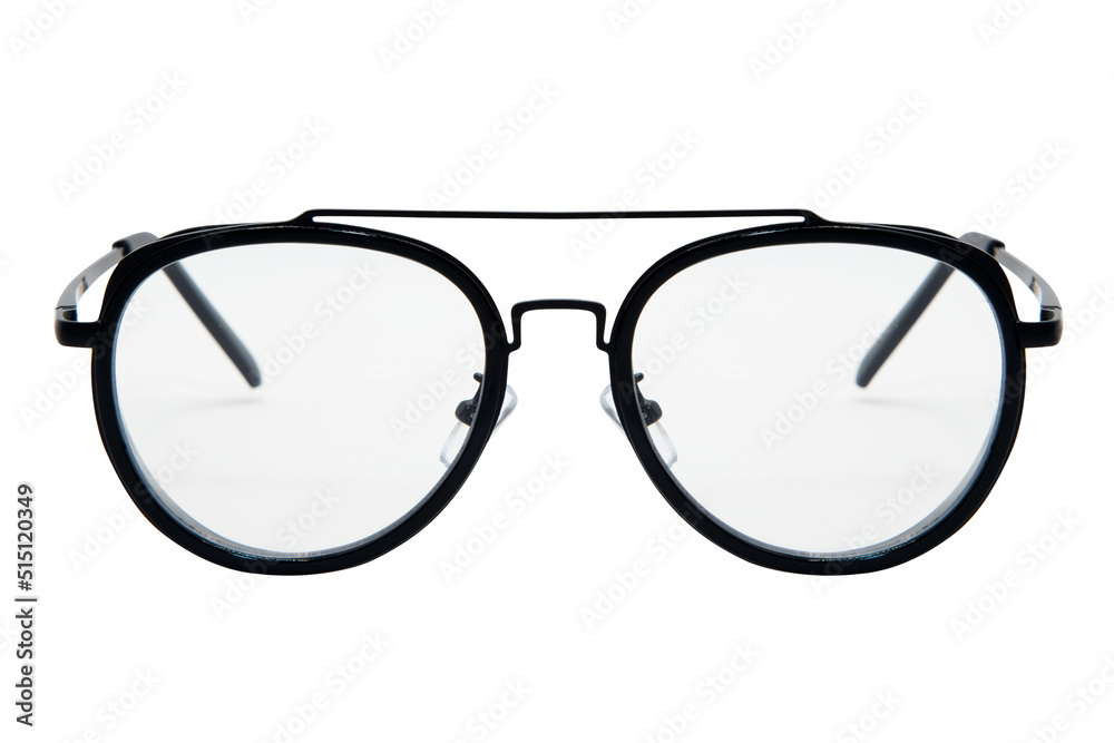Trendy Sunglasses aviator style black frame with clear lens isolated on white background front view Trendy Sunglasses aviator style black frame with clear lens isolated on white background front view