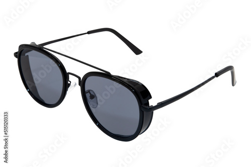 Trendy Sunglasses aviator style black frame with black lens isolated on white background top front view