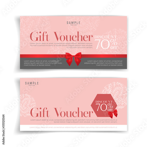 Grey gift voucher with red bow ribbon. Simple and luxury style. Gift card with ribbon.