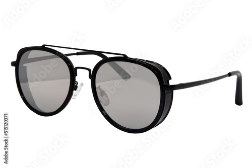 Trendy Sunglasses aviator style black frame with grey lens isolated on white background front right view