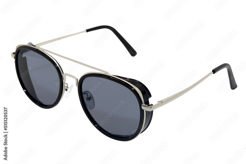 Trendy Sunglasses aviator style silver frame with black lens isolated on white background top front view