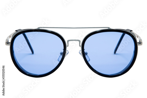 Trendy Sunglasses aviator style silver frame with sky blue lens isolated on white background front view